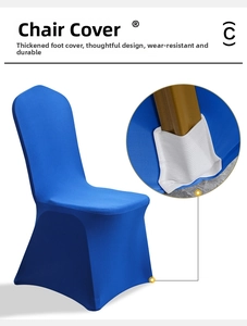 Detail of royal blue elastic chair cover with reinforced white thickened leg pockets