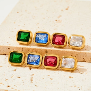 French vintage gold stainless steel earrings with square zirconias in various colors