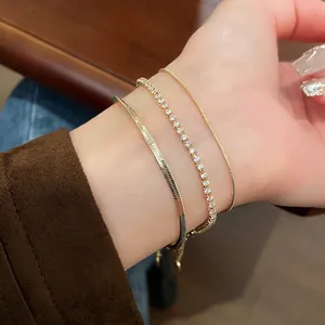 Copper Tennis Bracelet And Flat Herringbone Snake Chain Zircon Inlaid Minimalist Jewelry For Women