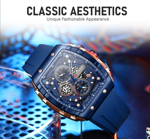 Detail of blue brushed metal case and silicone strap on a multi-function quartz watch