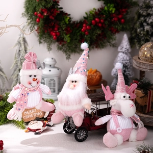 Pink and white sequined Christmas plush doll set featuring Santa, snowman and elk ornaments