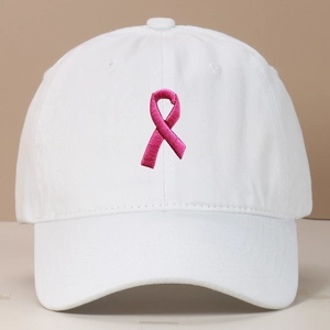 Casquette de baseball en coton blanc avec broderie ruban rose pour sensibilisation