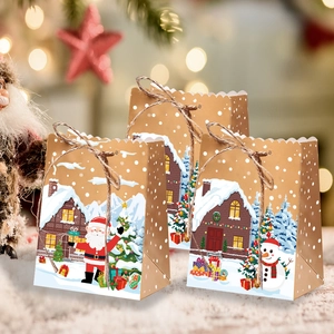 Christmas gingerbread house paper gift bags with Santa, snowman, and hemp rope handles