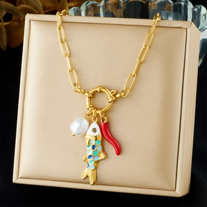 Stainless Steel Gold Plated Necklace With Enamel Fish Artificial Pearl And Red Chili Charms Women Niche Ocean Fashion Jewelry