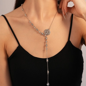 Elegant Rose Flower Y Necklace Silver Tone Alloy Rhinestone Inlaid Long Chain Water Drop Pendant Jewelry For Women