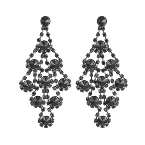Elegant long black rhinestone tassel earrings with chandelier design and plated finish