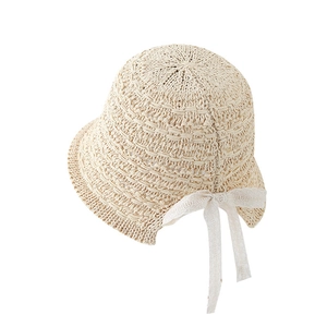 Chic cream knit bucket hat with white lace bow and back slit for women sun protection