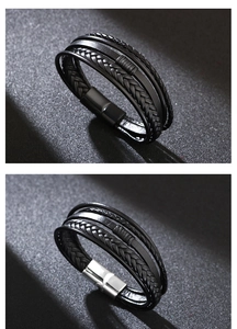 Detail of multi-layer braided leather bracelet with high-quality magnetic metal clasp