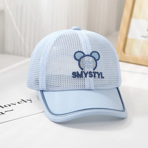 Light blue mesh kids baseball cap with breathable sun protection and 3D cute embroidery