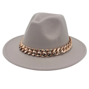 Classic grey wool fedora hat with a bold gold acrylic chain link around the crown