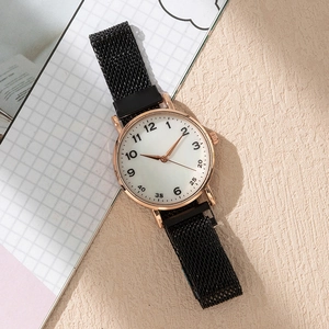 Women's fashion quartz watch with rose gold case and black magnetic mesh strap