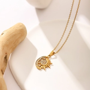 18K gold plated stainless steel sun and moon pendant necklace with crystal zircons