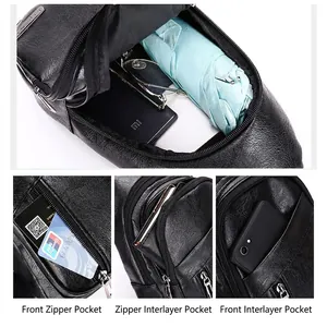 Men's waterproof black PU leather sling bag with multiple functional storage pockets