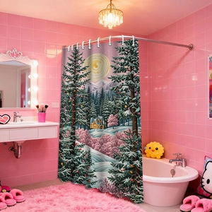 Tenda da doccia con bosco invernale e baita per bagno con accenti rosa