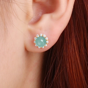 Elegant round S925 silver earrings with green aventurine jade and sparkling cubic zirconia