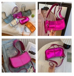 Detailed collage of metallic PU shoulder bags with rivet straps in vibrant fashion colors