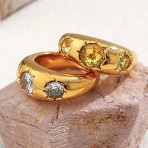 Chunky Dome Ring Stainless Steel 18K Gold Plated Zircon Starburst Setting Retro Vintage Jewelry For Women