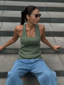 Canotta Da Donna Sexy In Maglia A Costine Cotone Poliestere Slim-Fit Streetwear Estate Sportiva Assorbente Sudore Verde Scollo U