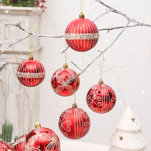 Lot de boules de Noël rouges de 8cm avec motifs pailletés dorés pour décoration de sapin