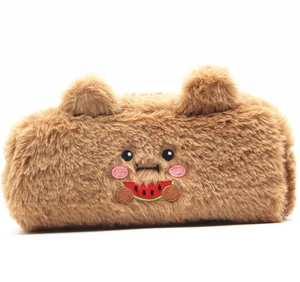 Close-up of brown plush pencil case featuring cute bear ears and fruit embroidery detail