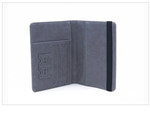 Detail view of the gray faux leather passport holder showing card slots and SIM holders