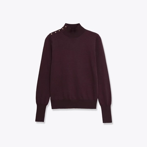 Women's burgundy mock neck knit sweater featuring decorative gold buttons on shoulder