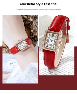 Detail showing the GEDI square rose gold watch with rhinestones and red leather strap