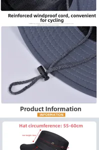 Détail d'un chapeau de soleil extérieur avec corde coupe-vent réglable et mesures