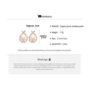 Detail view of silver pin earrings with zircon and pearl, including dimensions and weight