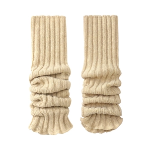 Beige wool knit leg warmers for women featuring a ribbed texture and slouchy design