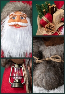 Detailed views of standing Santa doll featuring realistic beard, gift bag, and lantern