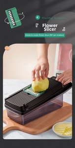Detail of waffle blade slicer cutting wavy potato slices on a kitchen counter