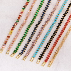Detailed display of colorful marquise-cut zircon tennis bracelets with gold-plated finish