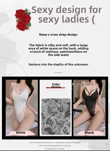 Detailed view of sexy lace bodysuit featuring deep V-neck and cross strap design