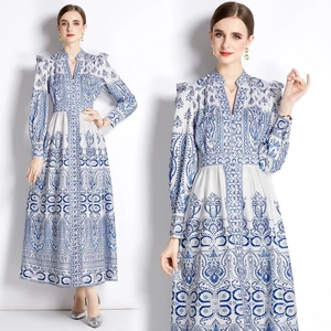 Elegant Paisley Print Maxi Dress V-Neck Long Lantern Sleeve High Waist A-Line Retro Palace Style For Women