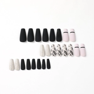 24pcs long coffin matte black press-on nails with silver glitter and leaf patterns