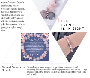 Macro view of 8mm pink zebra stone bracelet with heart charm and gift card for mom