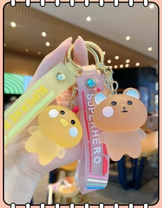 Vue détaillée de porte-clés lapin et ours en résine avec bracelets en silicone colorés