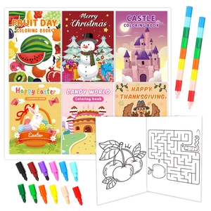 Kids coloring book set with 6 themed books and colorful markers for creative art play