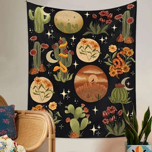 Detail of desert landscape tapestry featuring cactus, snakes and moon in a cozy room decor