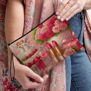 Floral makeup bag with angel and rose prints featuring a black zipper and wristlet