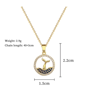 Detailed specs of mermaid tail necklace with blue zircon and size measurement details