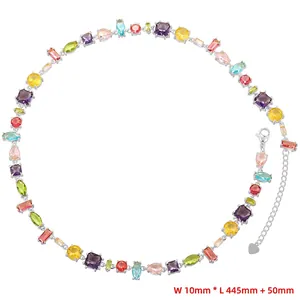 Rainbow gemstone link necklace with colorful zircons and adjustable lobster clasp