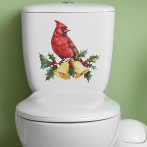 Christmas toilet sticker featuring red cardinal bird, golden bells and holly leaves decor