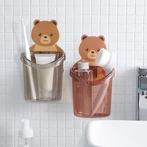 Wall-mounted cartoon bear storage cups for bathroom toothbrushes in clear grey and brown