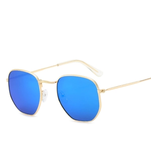 Vintage gold metal sunglasses with blue mirrored hexagonal lenses shown from a 45-degree angle