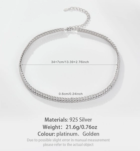 Detailed view of 925 silver double-row zircon necklace with length and weight specs