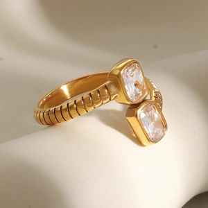 Golden stainless steel open ring with dual rectangular zircons and textured band