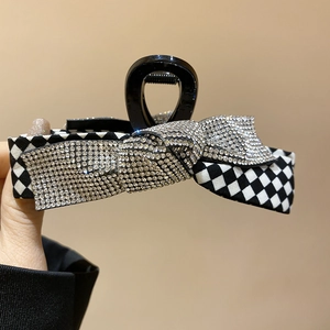 Vintage Bow Hair Claw Clip With Acrylic Rhinestone And Checkerboard Fabric Pattern Elegant Large Hairpin For Women