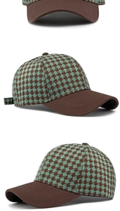 Detail view of houndstooth baseball cap with reinforced stitched brim and retro stitching